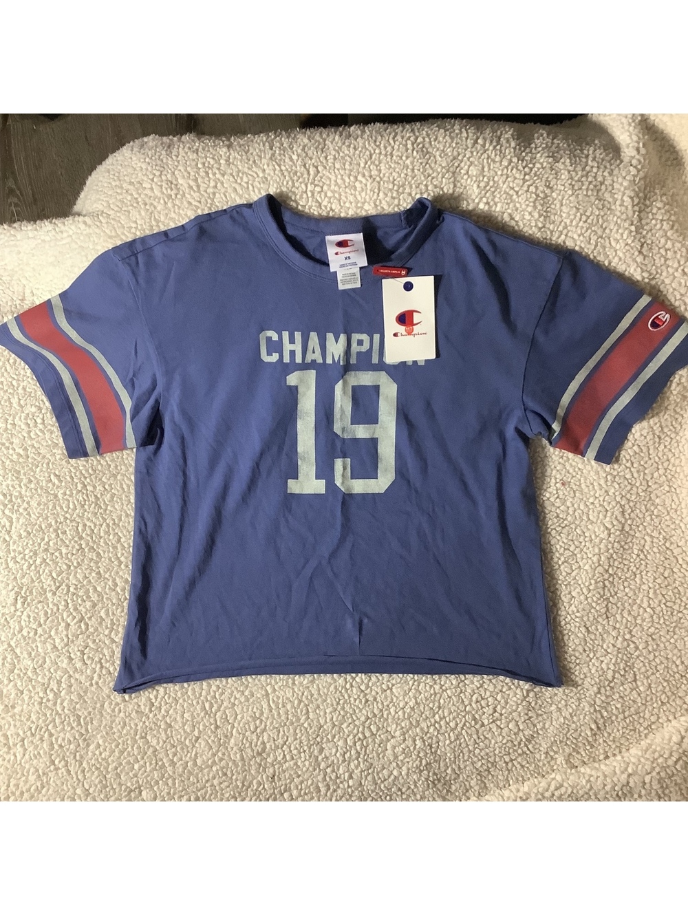 Champion Blue Short Sleeve Crop T-Shirt with Striped Sleeves and Number 19 Print